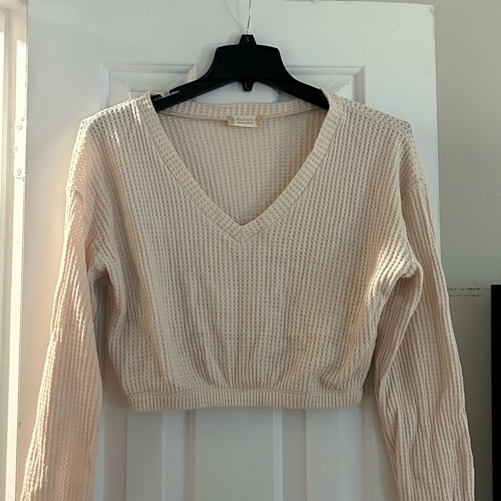 Altar'd State Cream Waffle Knit V-Neck Blouse